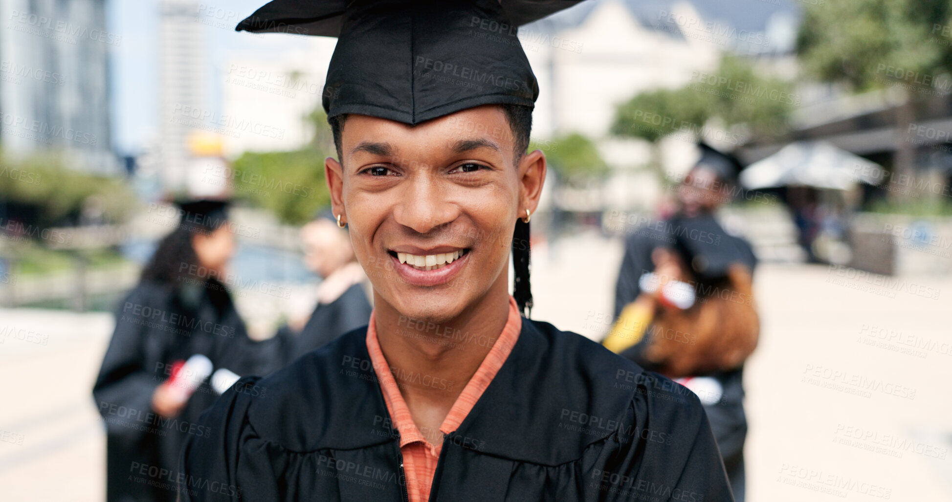 Buy stock photo Graduation, happy man or portrait of student at university for education, opportunity or success. School, scholarship or confident graduate at campus with knowledge, smile and college achievement