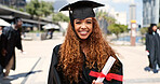 Certificate, happy woman or portrait of graduate at university for education, opportunity or success. School, graduation or confident person at campus with scholarship, smile and college achievement