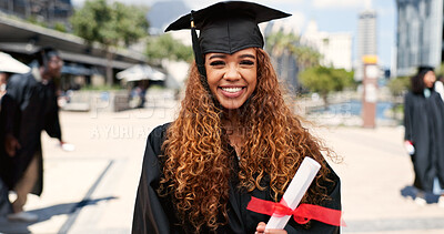 Buy stock photo Certificate, happy woman or portrait of graduate at university for education, opportunity or success. School, graduation or confident person at campus with scholarship, smile and college achievement
