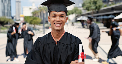 Buy stock photo Certificate, happy man or portrait of graduate at university for education, opportunity or success. School, graduation or confident person at campus with scholarship, smile and college achievement