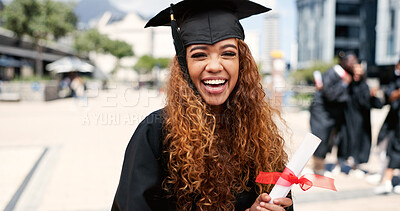 Buy stock photo Certificate, woman or graduate laughing at university for education, opportunity or portrait. School, graduation success or happy student at campus with scholarship, smile and college achievement