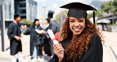 Buy stock photo Certificate, woman or graduate with smile at university for education, opportunity or portrait. School, graduation success or happy student at campus with scholarship, award and college achievement