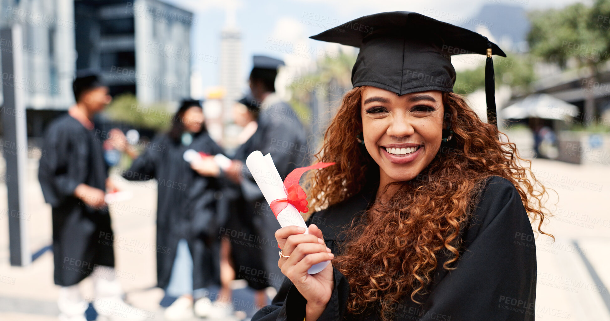 Buy stock photo Certificate, woman or graduate with smile at university for education, opportunity or portrait. School, graduation success or happy student at campus with scholarship, award and college achievement