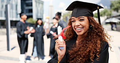 Buy stock photo Award, happy woman or portrait of graduate at university for education goal, opportunity or success. School, graduation or proud student at campus with scholarship, smile and college achievement 