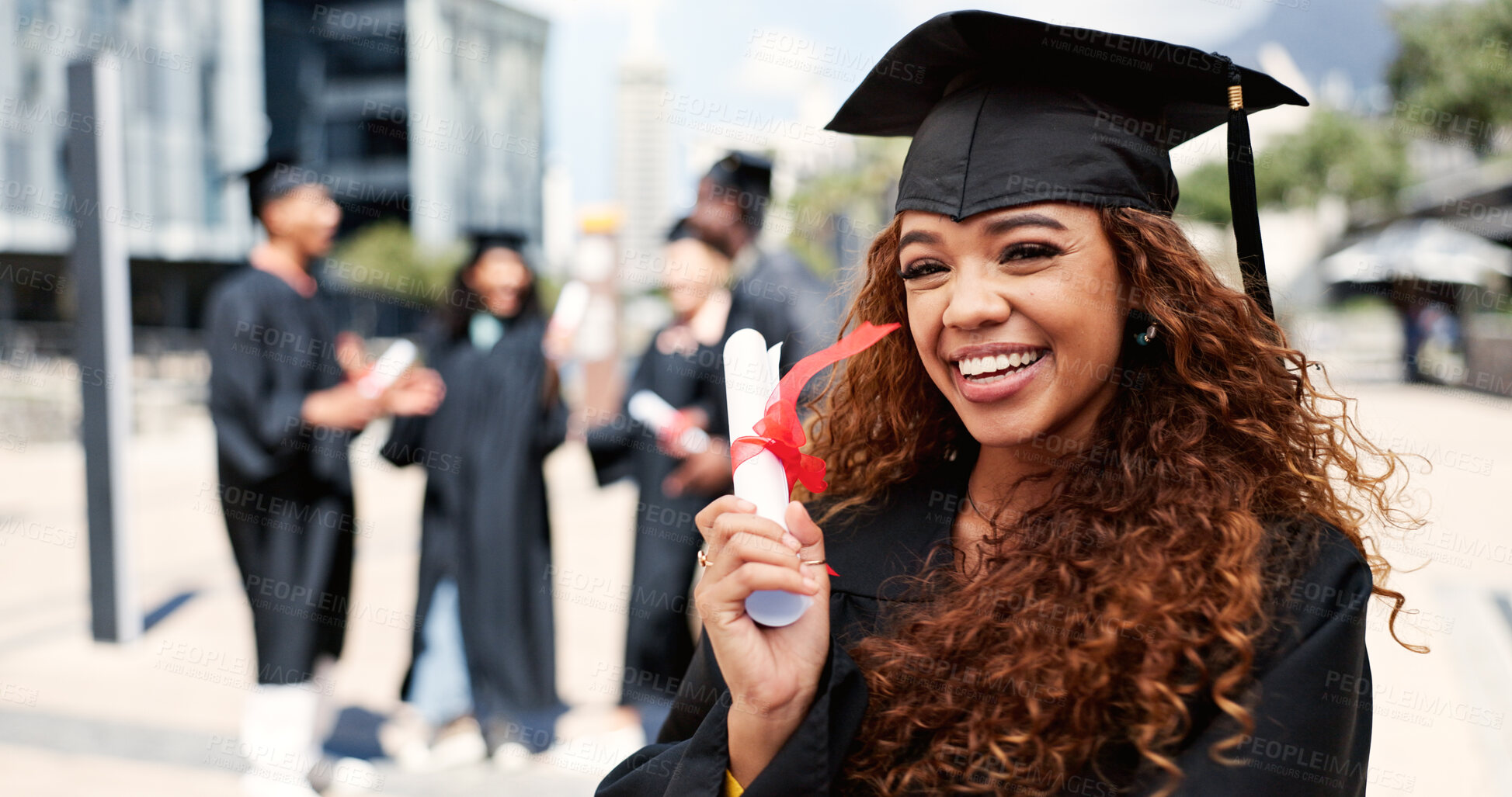 Buy stock photo Award, happy woman or portrait of graduate at university for education goal, opportunity or success. School, graduation or proud student at campus with scholarship, smile and college achievement 