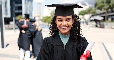 Buy stock photo Certified, woman or graduate with smile at university for education, opportunity or portrait. School, graduation success or happy student at campus with scholarship, award and college achievement