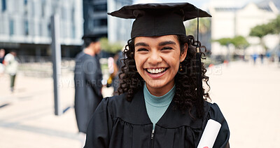 Buy stock photo Certified, portrait or happy woman in graduation at university for education, opportunity or award. School, graduate success or proud student at campus with scholarship, goal and college achievement
