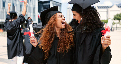 Buy stock photo Graduation, happy women or students hug at university for education goals, certificate or success. School, scholarship or excited graduate at campus with funny joke, smile and college achievement
