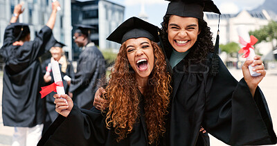 Buy stock photo Portrait, happy women or students hug at graduation for education goals, degree certificate or success. School, victory or excited graduate at campus with scholarship, smile and college achievement