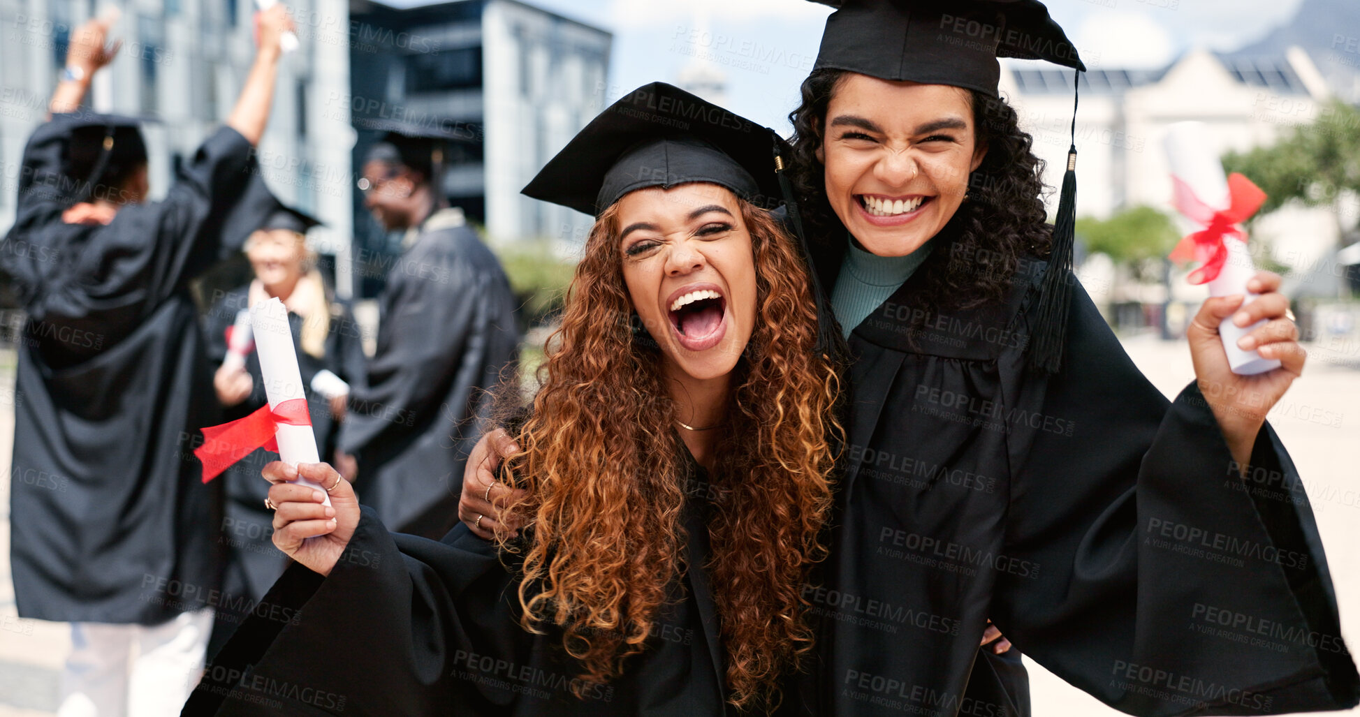 Buy stock photo Portrait, happy women or students hug at graduation for education goals, degree certificate or success. School, victory or excited graduate at campus with scholarship, smile and college achievement