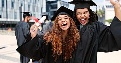 Buy stock photo Laughing, happy women or students hug at graduation for education goals, degree certificate or portrait. Success, victory or excited graduate at campus with scholarship, smile and college achievement