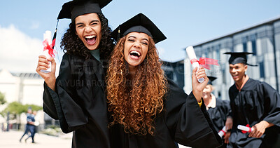 Buy stock photo Excited, women or students laughing at graduation for education goals, degree certificate or portrait. Success, outdoor or happy graduate at campus with scholarship, smile and college achievement