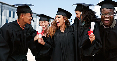 Buy stock photo Excited, friends or students laughing at graduation for education goals, degree certificate or success. people, outdoor or happy graduate at campus with scholarship, smile and college achievement