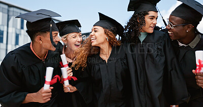 Buy stock photo Outdoor, happy people or students laughing at graduation for education goals, degree certificate or success. Friends, celebrate or graduate at campus with scholarship, smile and college achievement
