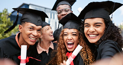 Buy stock photo Graduation, success or students in selfie at university for education, social media or memory. College scholarship, photograph or group of people at school campus with certificate, smile or picture