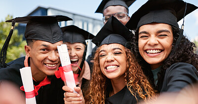 Buy stock photo Graduation, friends or students in selfie at university for education, portrait or fun memory. College scholarship, photograph or group of people at school campus with certificate, smile or picture