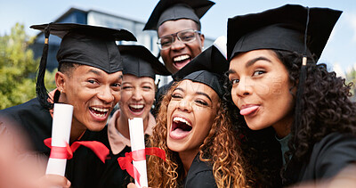 Buy stock photo Laughing, friends or students in selfie at graduation for education, portrait or funny memory. College scholarship, photograph or group of people at school campus with certificate, smile or picture