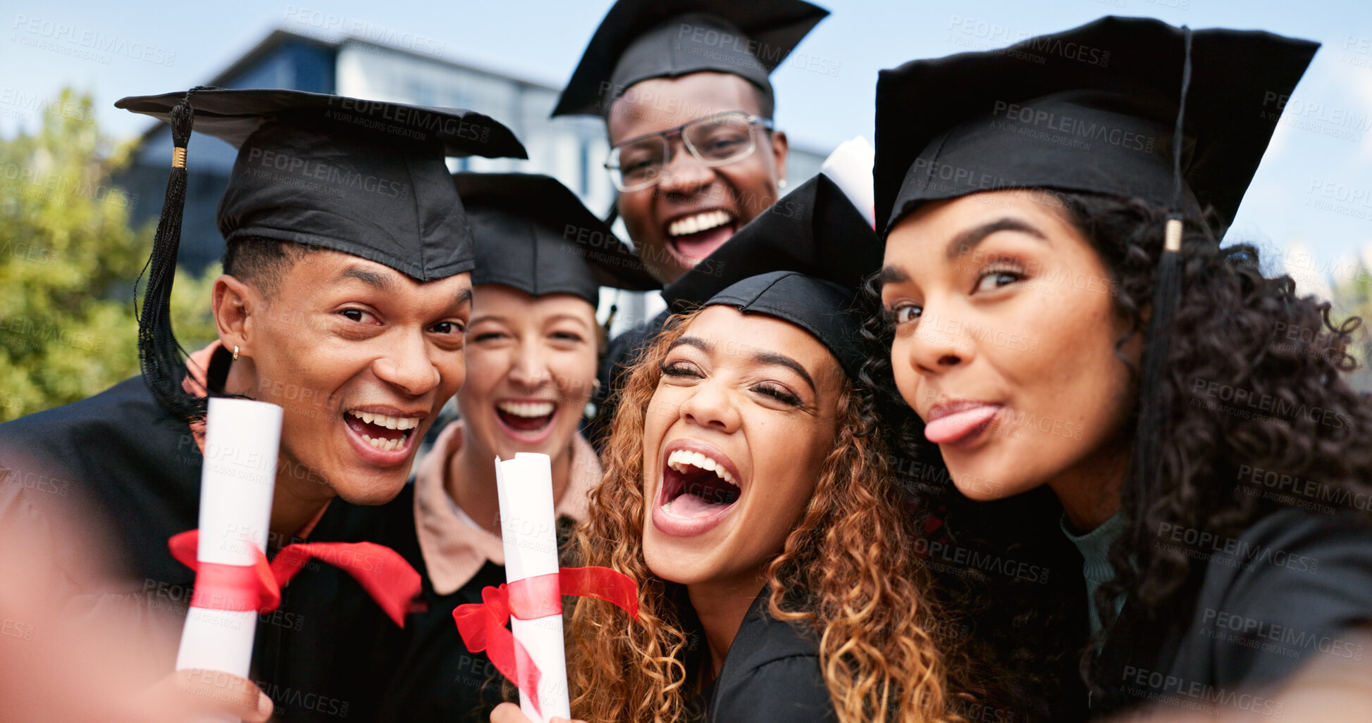 Buy stock photo Laughing, friends or students in selfie at graduation for education, portrait or funny memory. College scholarship, photograph or group of people at school campus with certificate, smile or picture