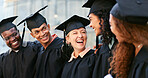 Graduation, laughing or group of happy people at university for education goal, school success or study. Ceremony, graduate or students at campus with support, funny joke or college degree together