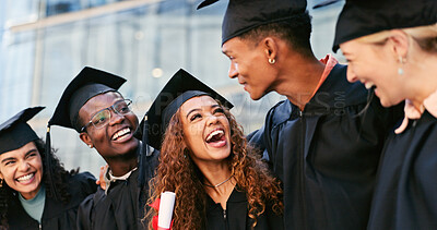 Buy stock photo Graduation, laughing or group of friends at university for education goal, school success or studying. Ceremony, graduate or students at campus with support, funny joke or college degree together