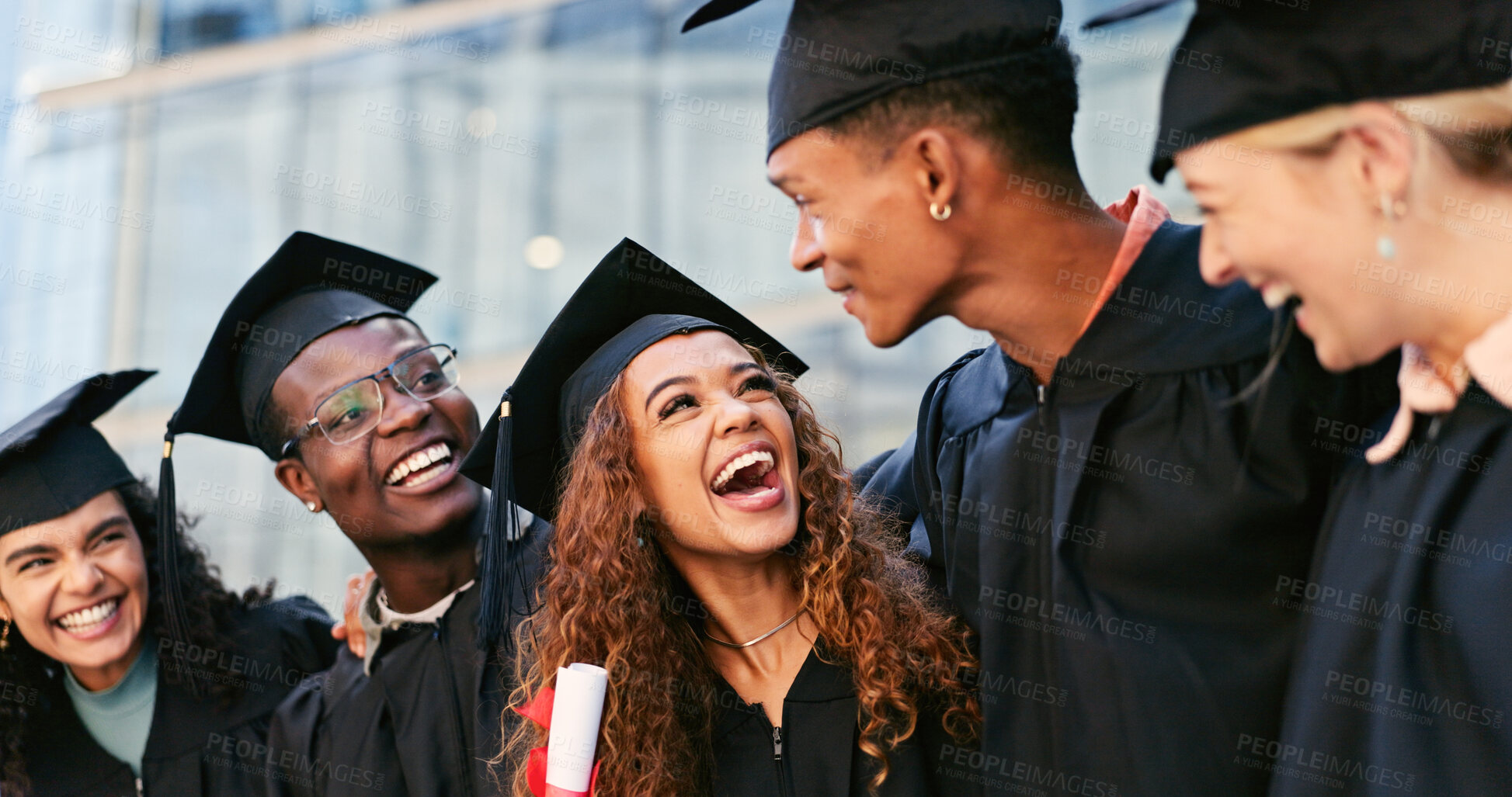 Buy stock photo Graduation, laughing or group of friends at university for education goal, school success or studying. Ceremony, graduate or students at campus with support, funny joke or college degree together