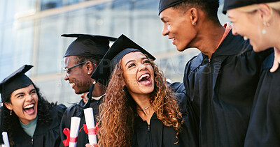 Buy stock photo Education, laughing or friends at graduation for learning goals, school success and studying. Skill development, graduate or happy students at ceremony with support, funny joke and college degree