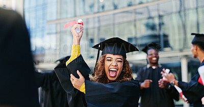 Buy stock photo Woman, graduation and students with celebration, education and diploma with scholarship. Men, people and happy with certificate, knowledge or college with achievement, success and excited with smile