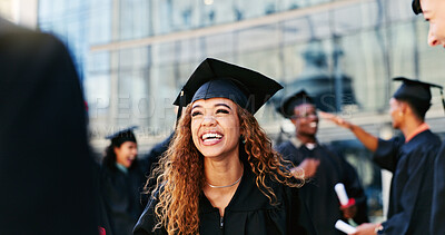 Buy stock photo Graduation, happy woman or student thinking at university for school education, opportunity or success. Ideas, scholarship or confident graduate at campus with dream, smile and college achievement