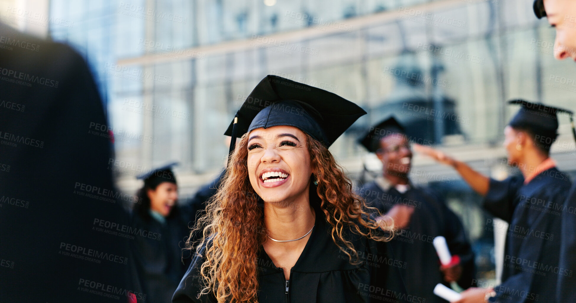 Buy stock photo Graduation, happy woman or student thinking at university for school education, opportunity or success. Ideas, scholarship or confident graduate at campus with dream, smile and college achievement
