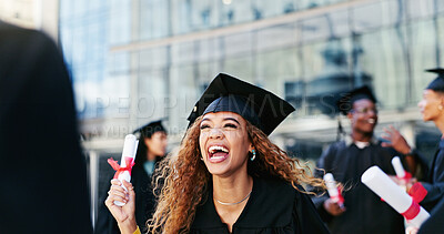 Buy stock photo Woman, graduation and students with celebration, excited or success with scholarship. Men, people or happy with certificate, knowledge or college with achievement, cheering or university with diploma
