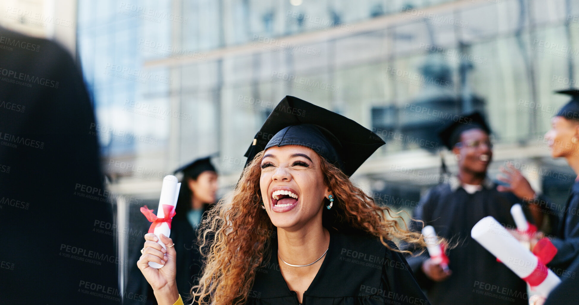 Buy stock photo Woman, graduation and students with celebration, excited or success with scholarship. Men, people or happy with certificate, knowledge or college with achievement, cheering or university with diploma