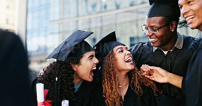 Buy stock photo People, graduation and students with celebration, funny and university with scholarship. Men, women or happy with certificate, knowledge or college with achievement, success or education with diploma