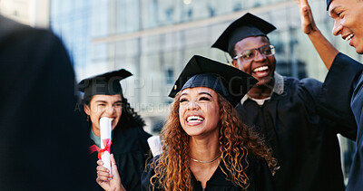 Buy stock photo People, graduation and students with celebration, education and excited with scholarship. Men, women and happy with certificate, knowledge or college with achievement, success or academy with diploma