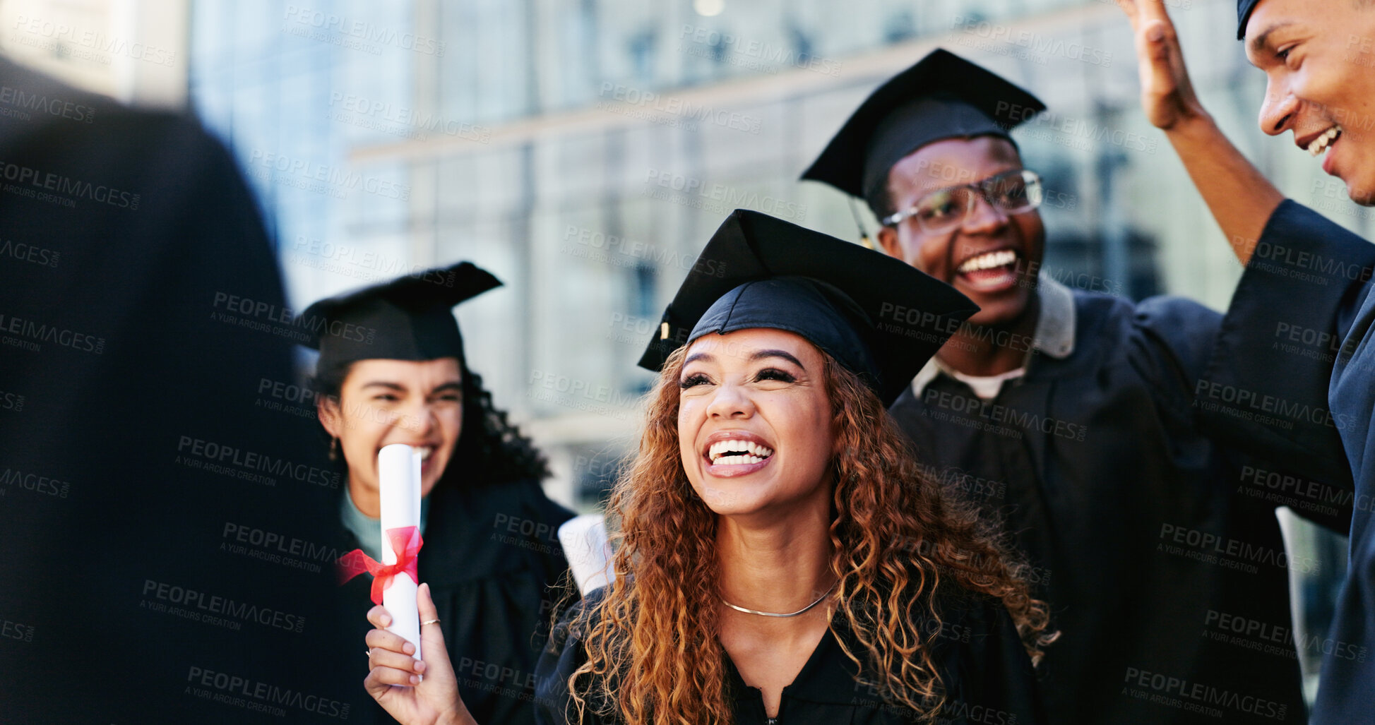 Buy stock photo People, graduation and students with celebration, education and excited with scholarship. Men, women and happy with certificate, knowledge or college with achievement, success or academy with diploma