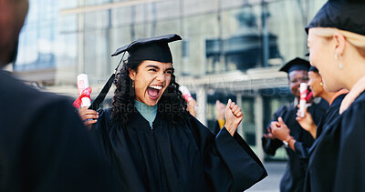 Buy stock photo People, graduation and woman with celebration, cheering and excited with diploma. Men, students or happy with certificate, knowledge or college with achievement, success or university with expression