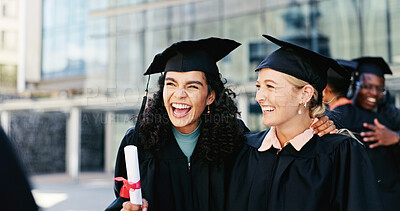 Buy stock photo Women, graduation and students with celebration, education and smile with scholarship. Men, friends and people with certificate, knowledge or college with achievement, success or support with diploma