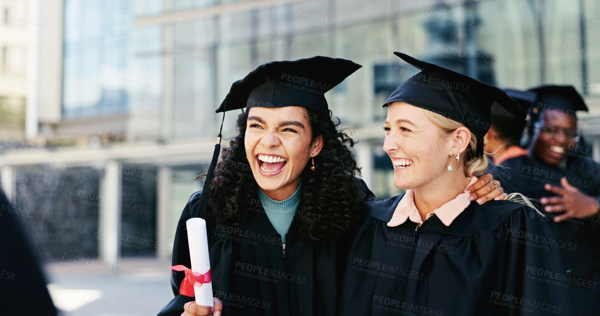 Buy stock photo Women, graduation and students with celebration, education and smile with scholarship. Men, friends and people with certificate, knowledge or college with achievement, success or support with diploma