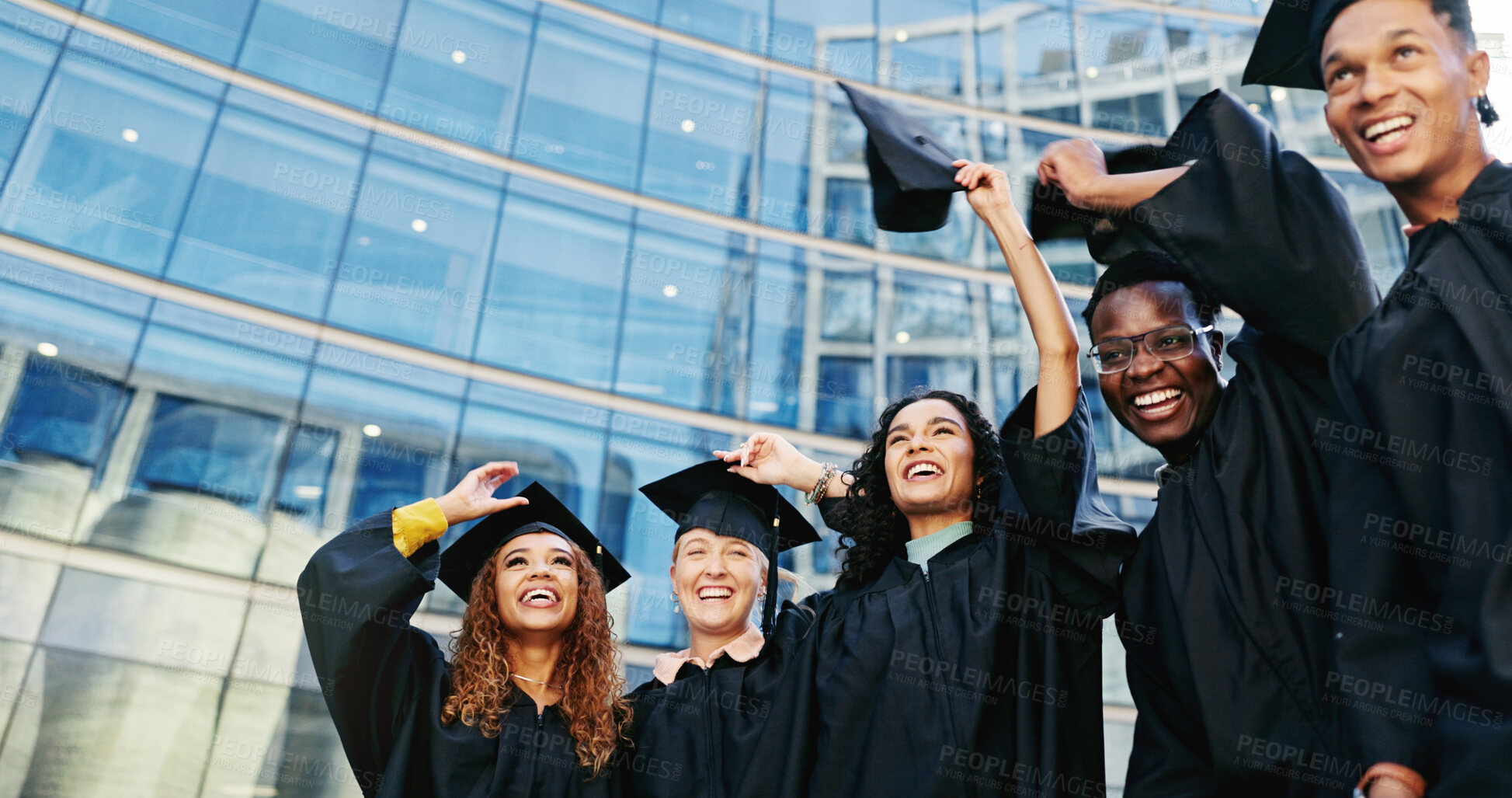 Buy stock photo Smile, students and throw hats for graduation of learning success, class achievement and celebrate. Below, people and tradition with support, academic degree and bonding together for college ceremony