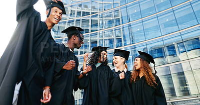 Buy stock photo Happy, students and laugh at graduation outdoor of learning success, class achievement and celebrate. Below, people and funny joke with support, academic degree and bonding together for college goals