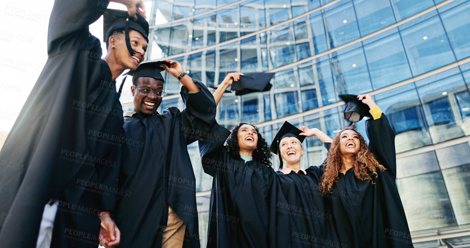 Buy stock photo Smile, people and throw hat for graduation of learning success, achievement or celebration. Below, students and class tradition for congratulations, academic degree and bonding at university ceremony