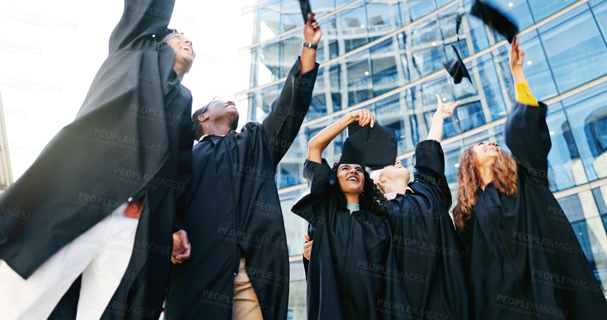 Buy stock photo Happy, people and throw hat for graduation of learning success, achievement and celebration. Below, students and class tradition of education goals, academic degree and bonding at university ceremony
