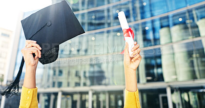 Buy stock photo Hands, student and degree with graduation cap for learning success, achievement and celebration. Below, person and certification for education goals, study award and qualification of college ceremony