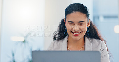 Buy stock photo Office, employee and woman with laptop, typing and receptionist with info for business, reading and online. Administration, secretary and person with tech for project, review or record keeping on web