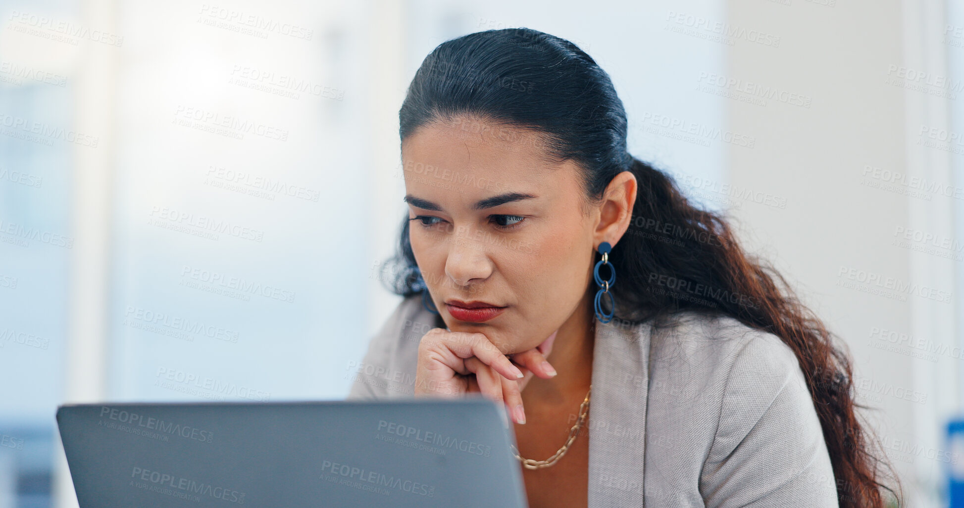 Buy stock photo Office, employee and woman with laptop, reading and receptionist with info for business, serious or online. Administration, secretary and person with tech for project, review or record keeping on web