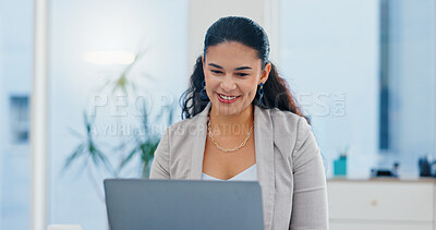 Buy stock photo Video call, meeting and business woman on laptop for conversation, online discussion and virtual webinar. Professional, corporate office and person on computer for communication, strategy or planning