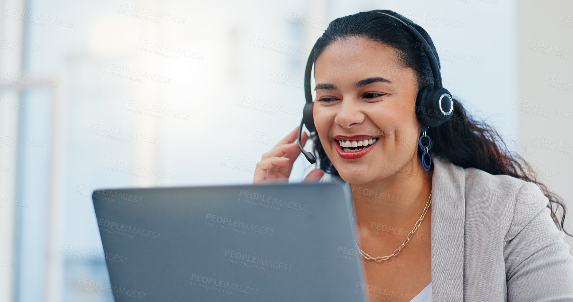 Buy stock photo Laptop, headset or happy woman in call center for consulting client, online help or loan advice. Financial consultant, advisor or agent on mic technology for sales service, support or communication
