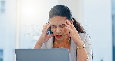 Buy stock photo Woman, headache and pain with laptop in office, tired and mistake with accounting at finance agency. Person, migraine and frustrated with stress, exhausted and overwhelmed with burnout at company