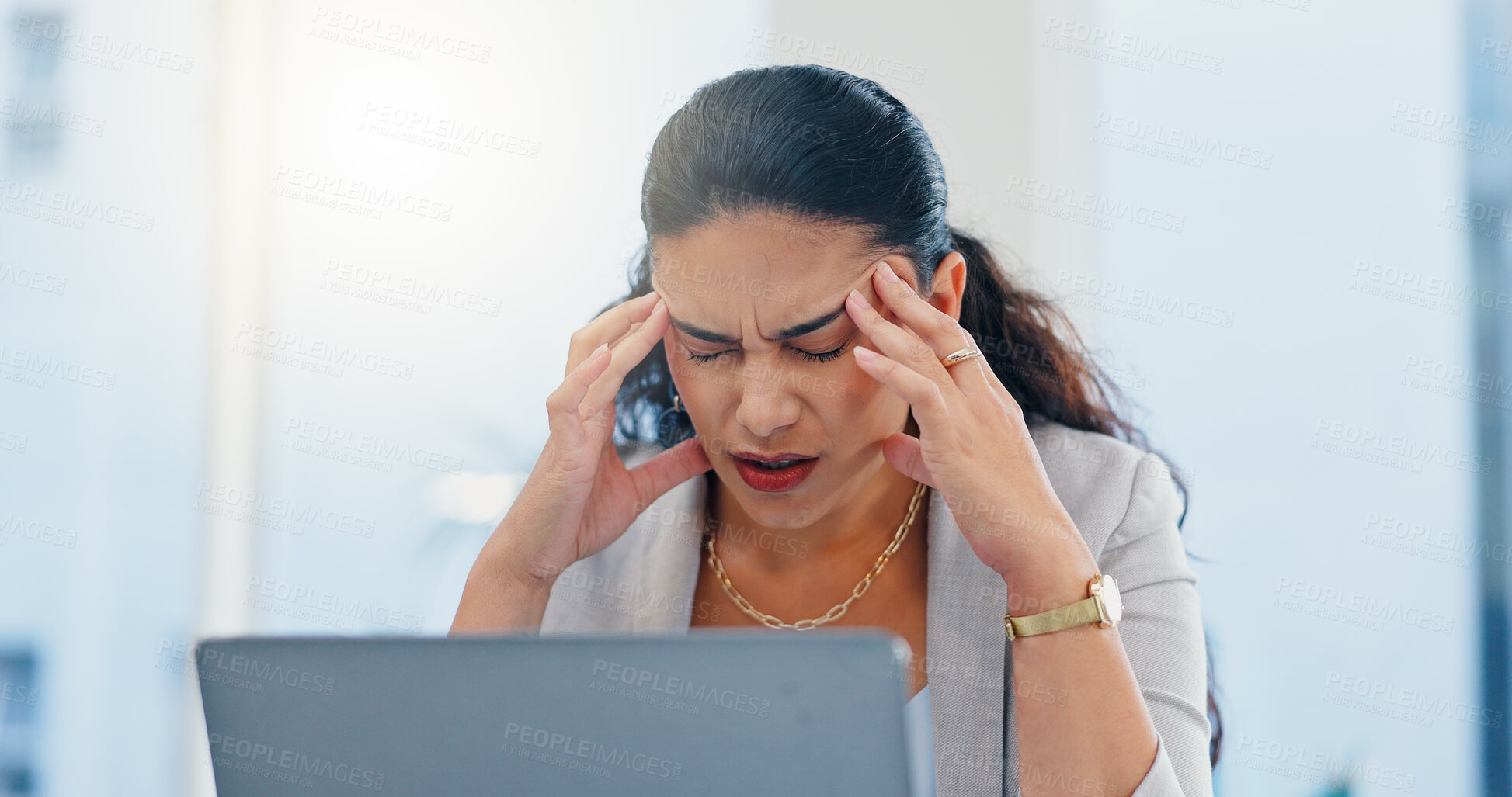 Buy stock photo Woman, headache and pain with laptop in office, tired and mistake with accounting at finance agency. Person, migraine and frustrated with stress, exhausted and overwhelmed with burnout at company