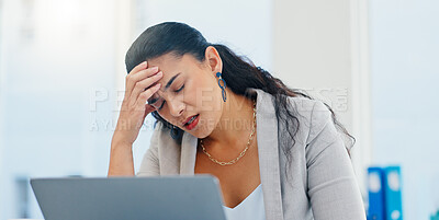Buy stock photo Woman, headache and stress with laptop in office, tired and mistake with accounting at finance agency. Person, migraine and frustrated with pain, exhausted and overwhelmed with burnout at company