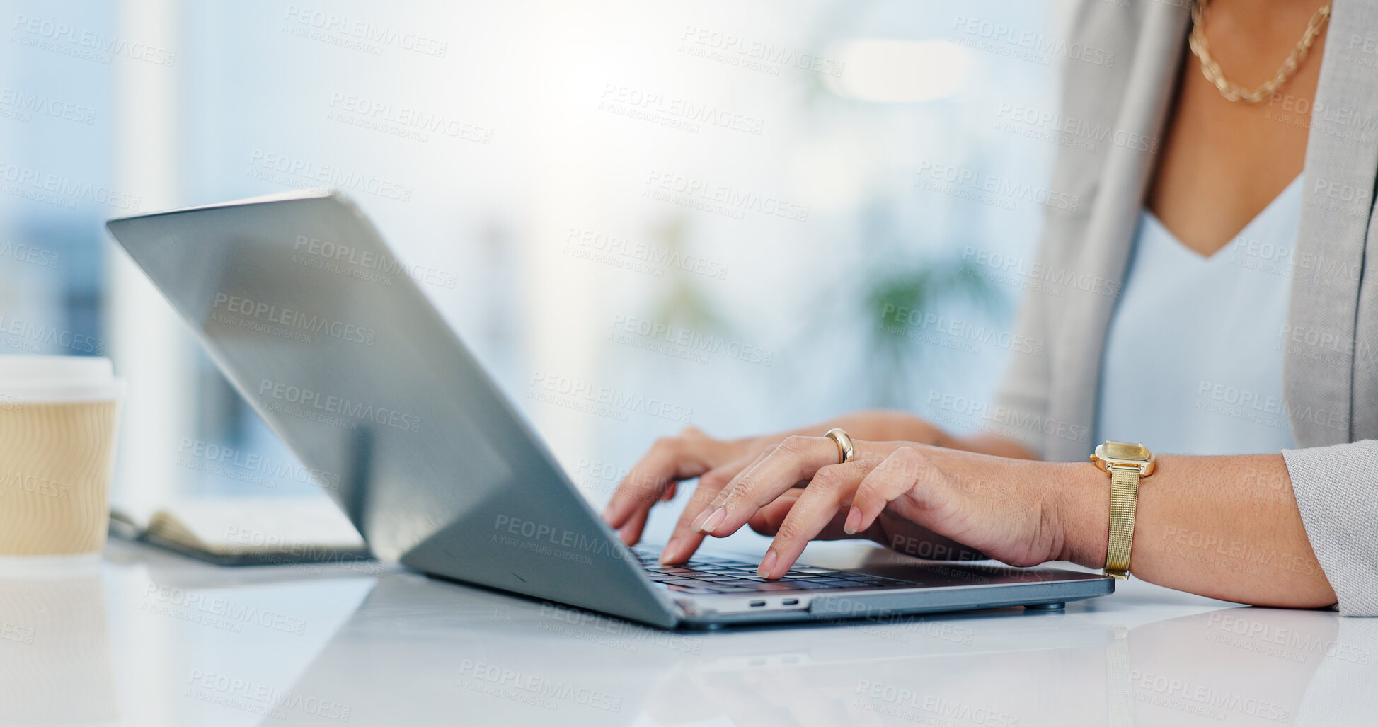 Buy stock photo Desk, laptop and hands of woman in office for typing email, administration and planning. Professional, corporate and worker on computer for online schedule, research and project management on website
